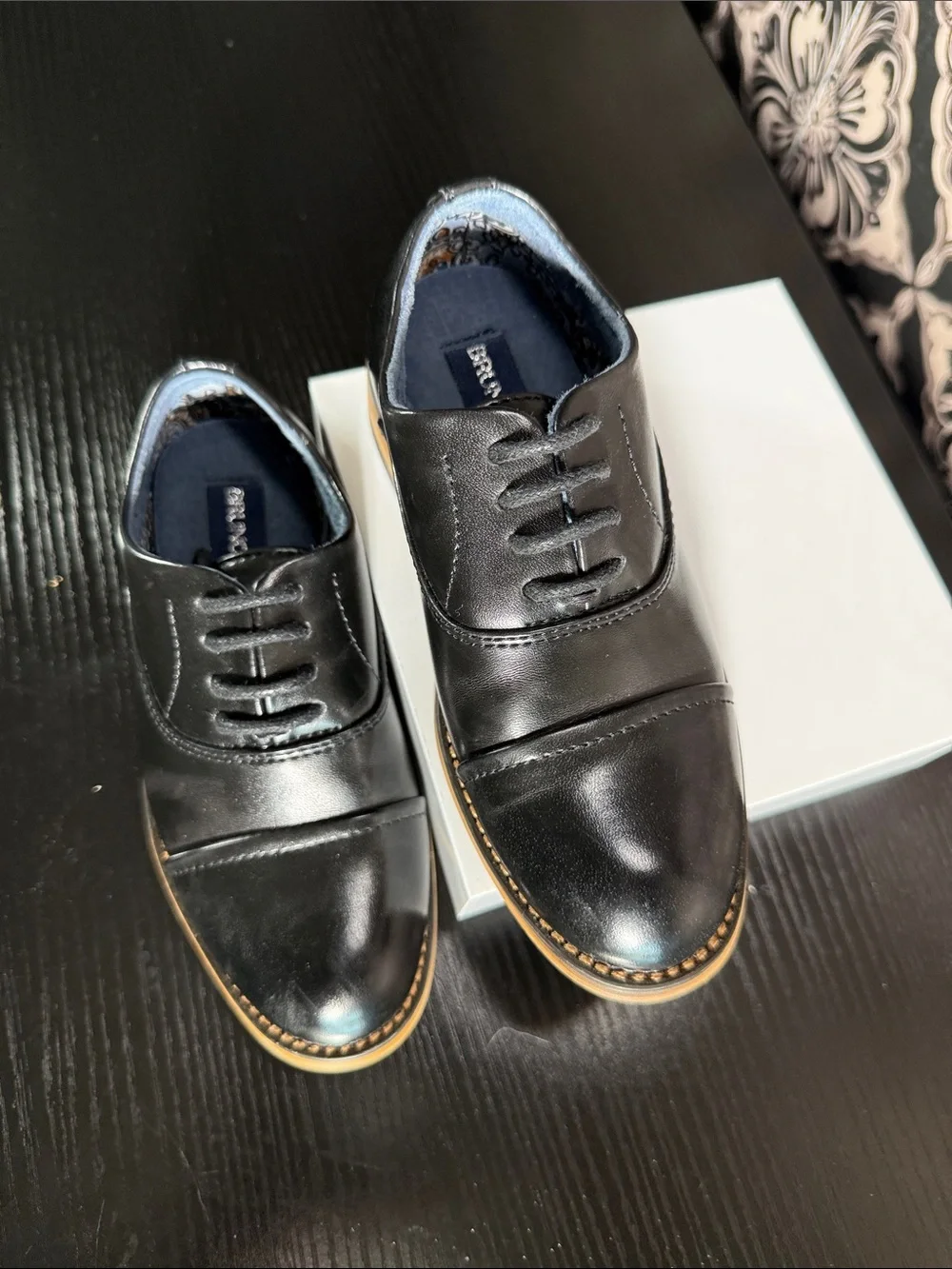 Bruno Marc Boy’s Black Leather Cap-Toe Derby with Tan Welt